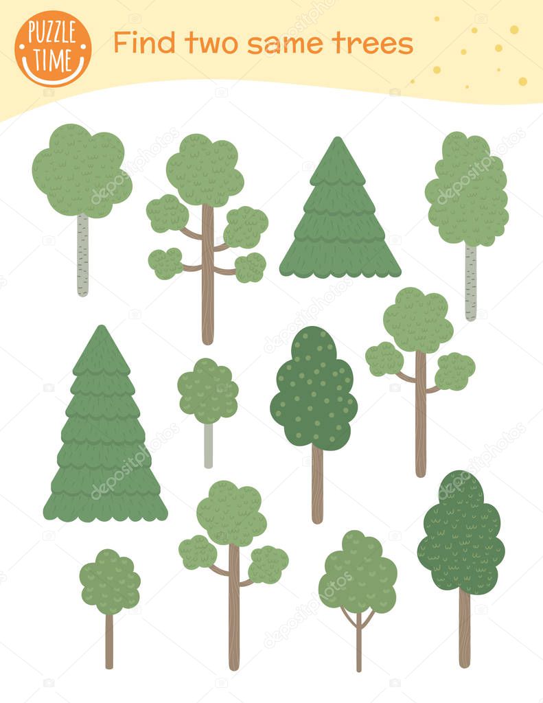 Find two same trees. Matching activity for children. Funny woodl