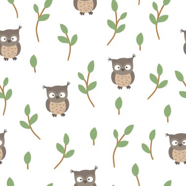 Vector seamless pattern of hand drawn flat funny baby owl  clipart