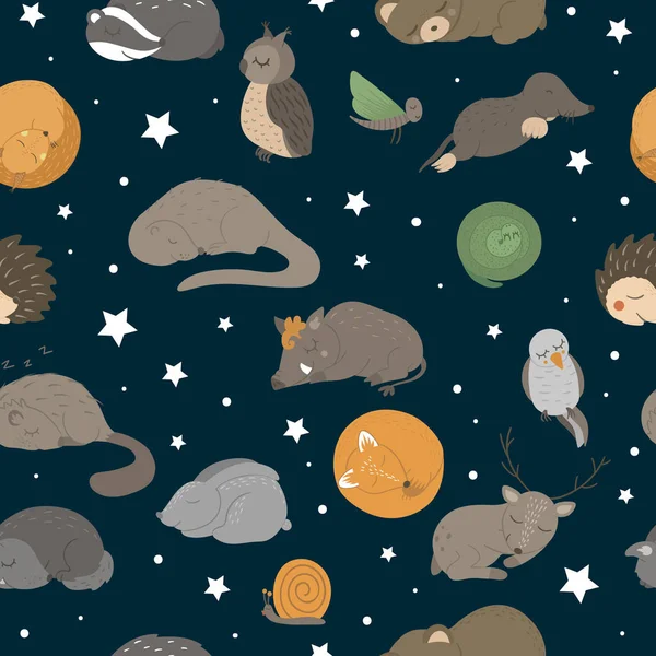 Vector seamless pattern with sleeping animals — Stock Vector