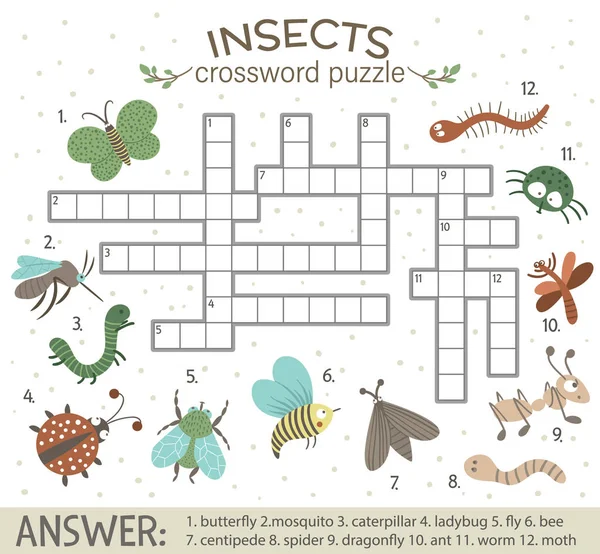 Crucigrama vectorial con insectos del bosque. Brillante y colorido — Archivo Imágenes Vectoriales