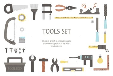 Vektör araçları ayarlayın. Bina ile düz renkli illüstrasyon, carpe