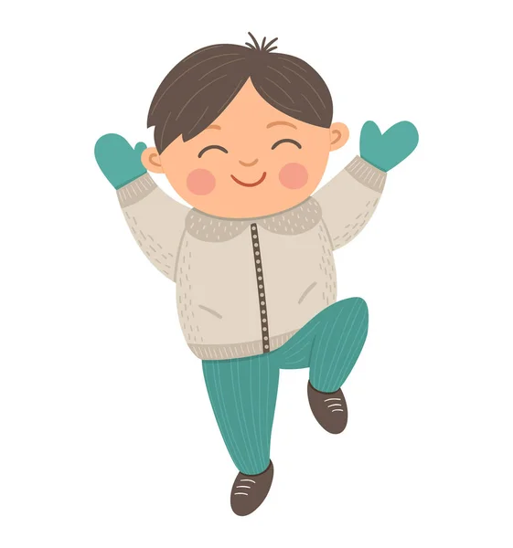 Vector menino feliz pulando com alegria. Bonito inverno criança ilustração — Vetor de Stock