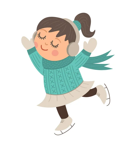 Vector chica patinadora feliz en orejeras. Lindo niño de invierno illustrat — Vector de stock