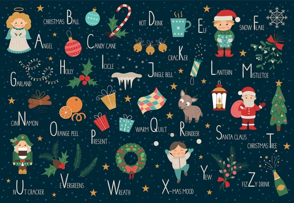 Çocuklar için vektör Noel alfabesi. Sevimli düz alfabeyle yeni y — Stok Vektör