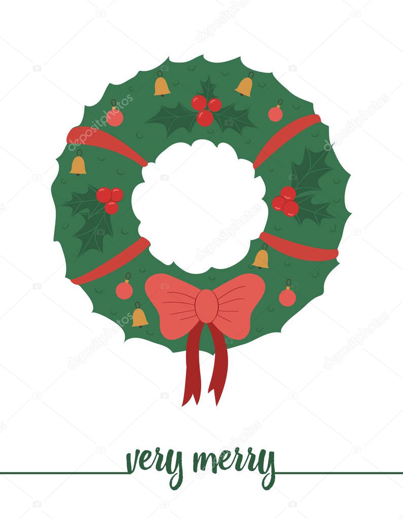 Vector decorated wreath with red bow isolated on white background. Cute funny illustration of new year symbol. Christmas flat style traditional picture for decorations or design