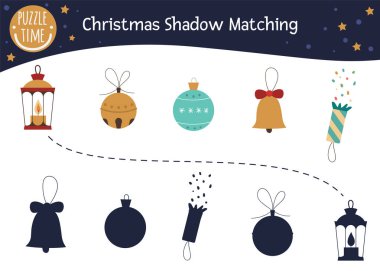 Christmas shadow matching activity for children. Cute funny lant clipart