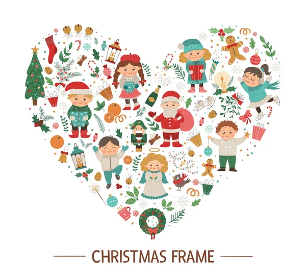 Vector Christmas round frame with children, Santa Claus, Angel o — Stock Vector