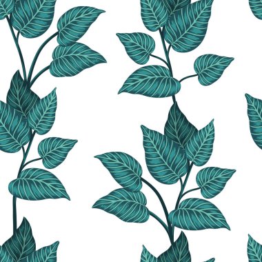 Beyaz arka plan üzerinde tropikal bitkilerin vektör dikişsiz desen. 