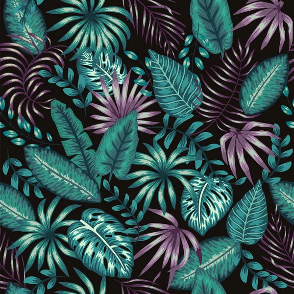 Vector seamless pattern of tropic green and purple foliage on bl — Stock Vector