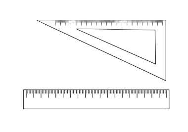 Cetvel çizgisi simgeleri. Beyaz arka planda izole edilmiş vektör renkli kırtasiye malzemeleri, ölçüm malzemeleri, ofis veya okul malzemeleri. Çizgi film biçimi