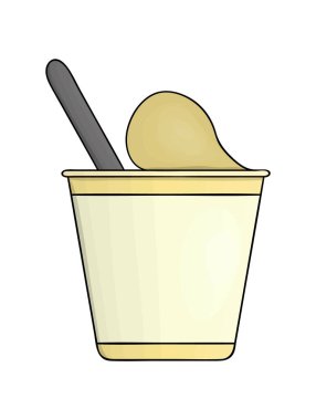 Vektör renkli yoğurt paketi simgesi. El yapımı organik süt ürünleri beyaz arka planda izole edilmiş. Doğal gıda illüstrasyonu. Yoğurt paketleme tasarımı.