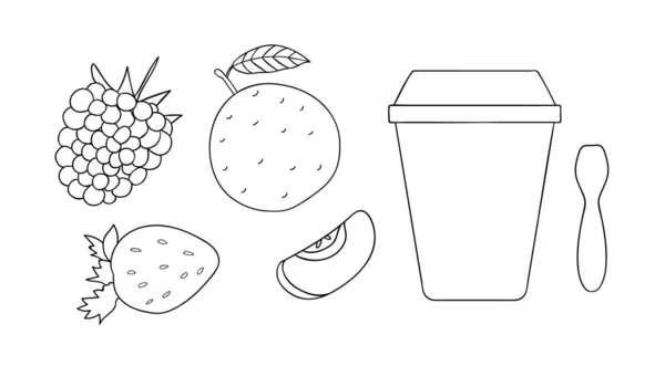 ベクトルラインヨーグルトパックのアイコンと果物やベリー 手描きの有機新鮮な乳製品白を背景に隔離 自然食品イラスト 黒と白のヨーグルトパッケージデザイン — ストックベクタ