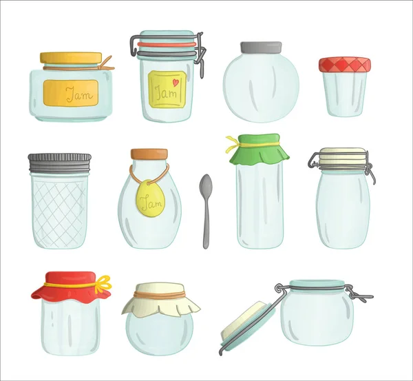 Vector Set Colored Glass Jam Jars Watercolor Style Isolated White — Stock Vector