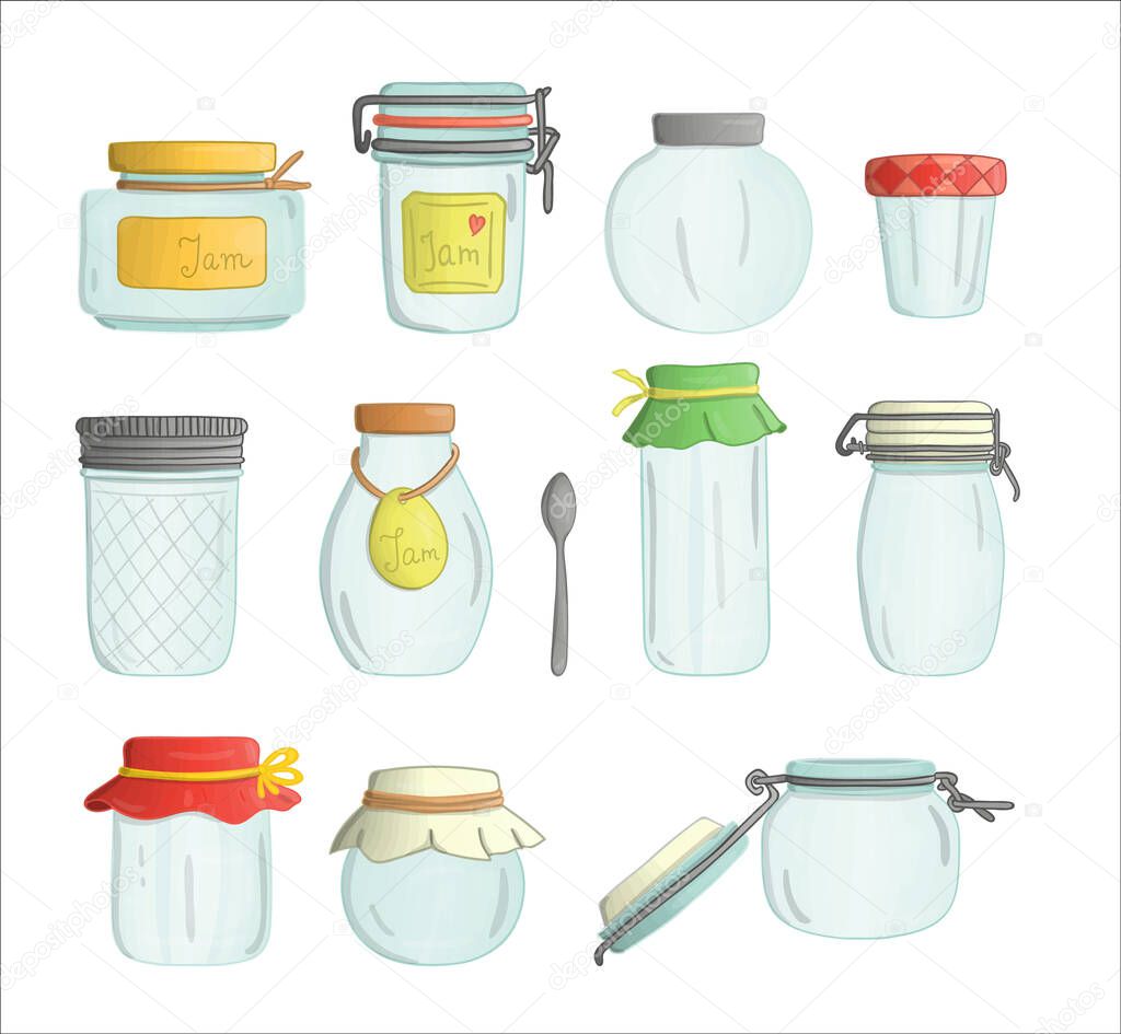 Vector set of colored glass jam jars watercolor style isolated on white background.Colorful collection of empty pots for preserved food. 