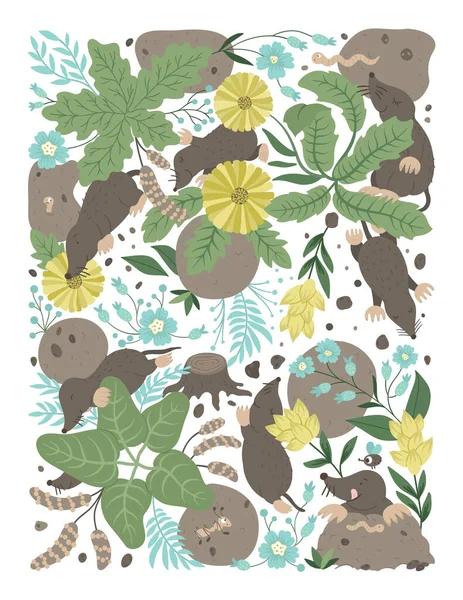 Vetor Ornamentado Fundo Com Animais Bonitos Floresta Folhas Flores Insetos — Vetor de Stock