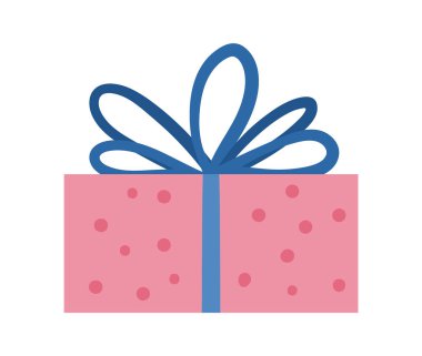 Fiyonklu şirin bir doğum günü hediyesi. Kart, poster ve baskı tasarımı için komik bir doğum günü hediyesi. Çocuklar için parlak bir tatil illüstrasyonu. Beyaz arka planda izole edilmiş neşeli kutlama simgesi