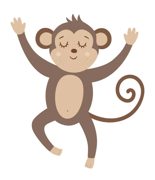 Vector Cute Jumping Monkey Closed Eyes Hands Isolated White Background — Stock Vector