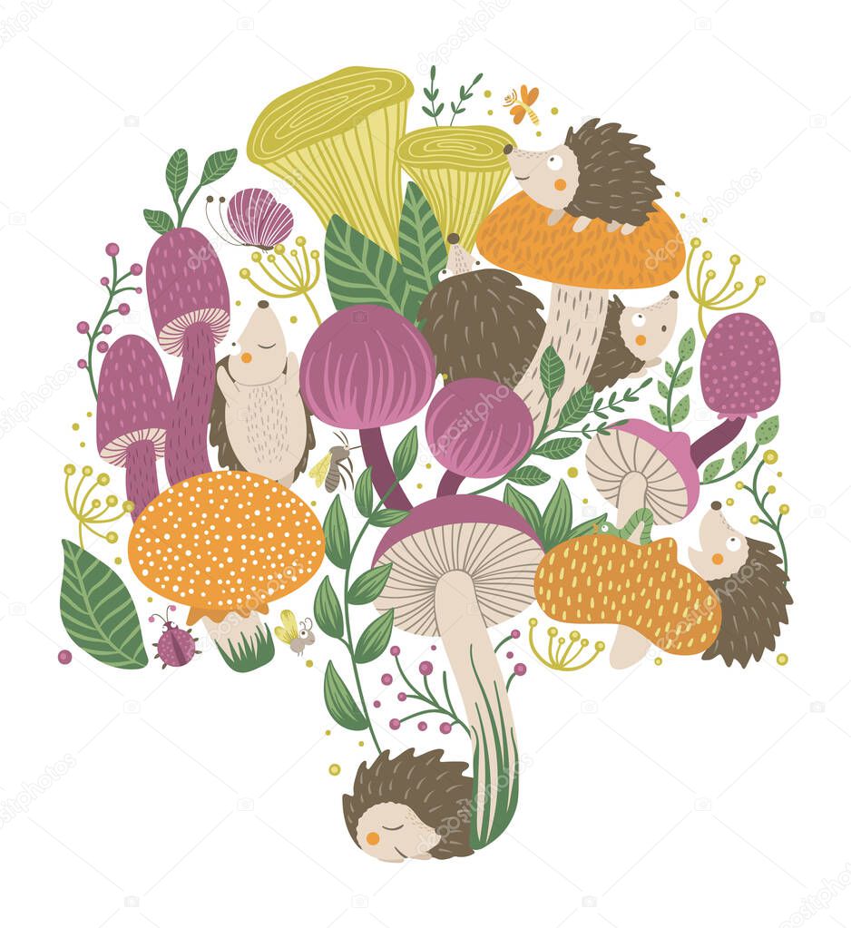 Vector ornate background with cute woodland animals, mushrooms, leaves, insects. Funny forest scene with hedgehogs. Bright flat vertical illustration for children. Picture book, hide and seek activity game