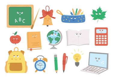 Okula geri dön Kawaii elementler kümesi. Şirin, düz stil gülen nesnelerle eğitici Clipart koleksiyonu. Çocuklar için komik okul çantası, kalem, alarm, zil, elma illüstrasyonu
