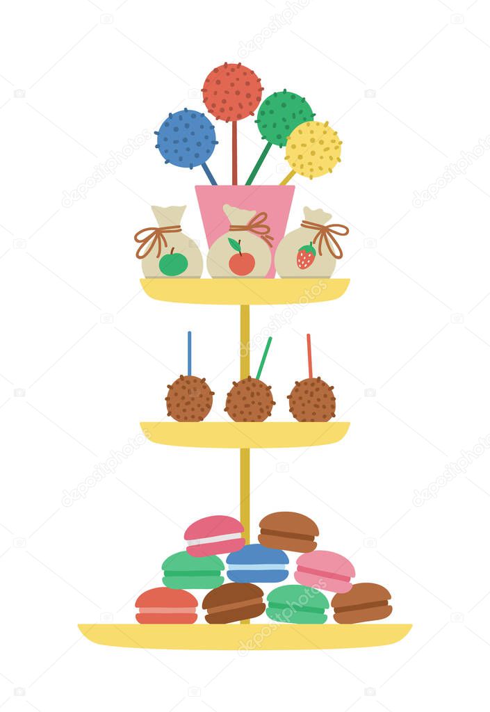 Vector birthday desserts on layered stand. Cute funny celebration treat illustration for card, poster, print design. Bright holiday concept for kids with cake pops, macaroons, fruit.
