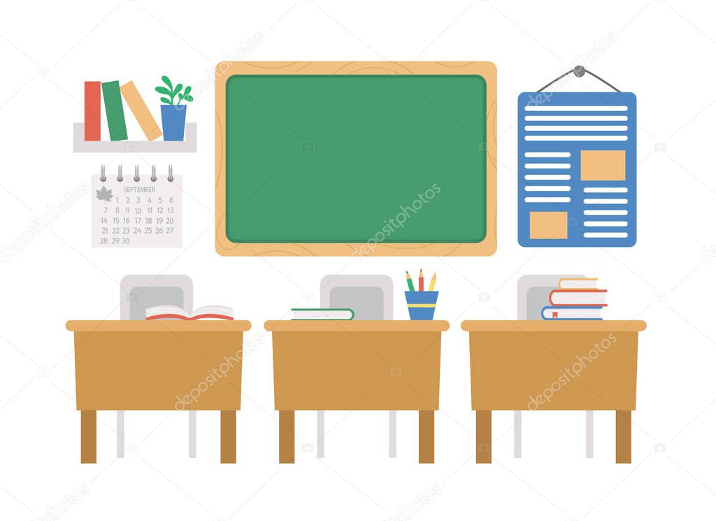 Vector empty school classroom illustration. Flat class room interior with chalk board, desks, books. Back to school or lesson concept on white background