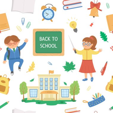 Sevimli çocuk, öğretmen ve sınıf eşyalarıyla kusursuz bir şekilde okul vektörüne dönüş. Eğitici dijital kağıt. Okul binası, kırtasiye malzemesi, çocuk, kalem gibi arka planda tuhaf bir düz stil.