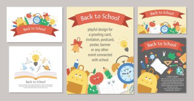 Kurdeleli, sevimli kawaii okul çantalı, çantalı, yapraklı, alarmlı kompozisyonlar setine geri dön. Afişler, posterler, davetiyeler için komik eğitici tasarımlar. Dikey kart şablonları koleksiyonu