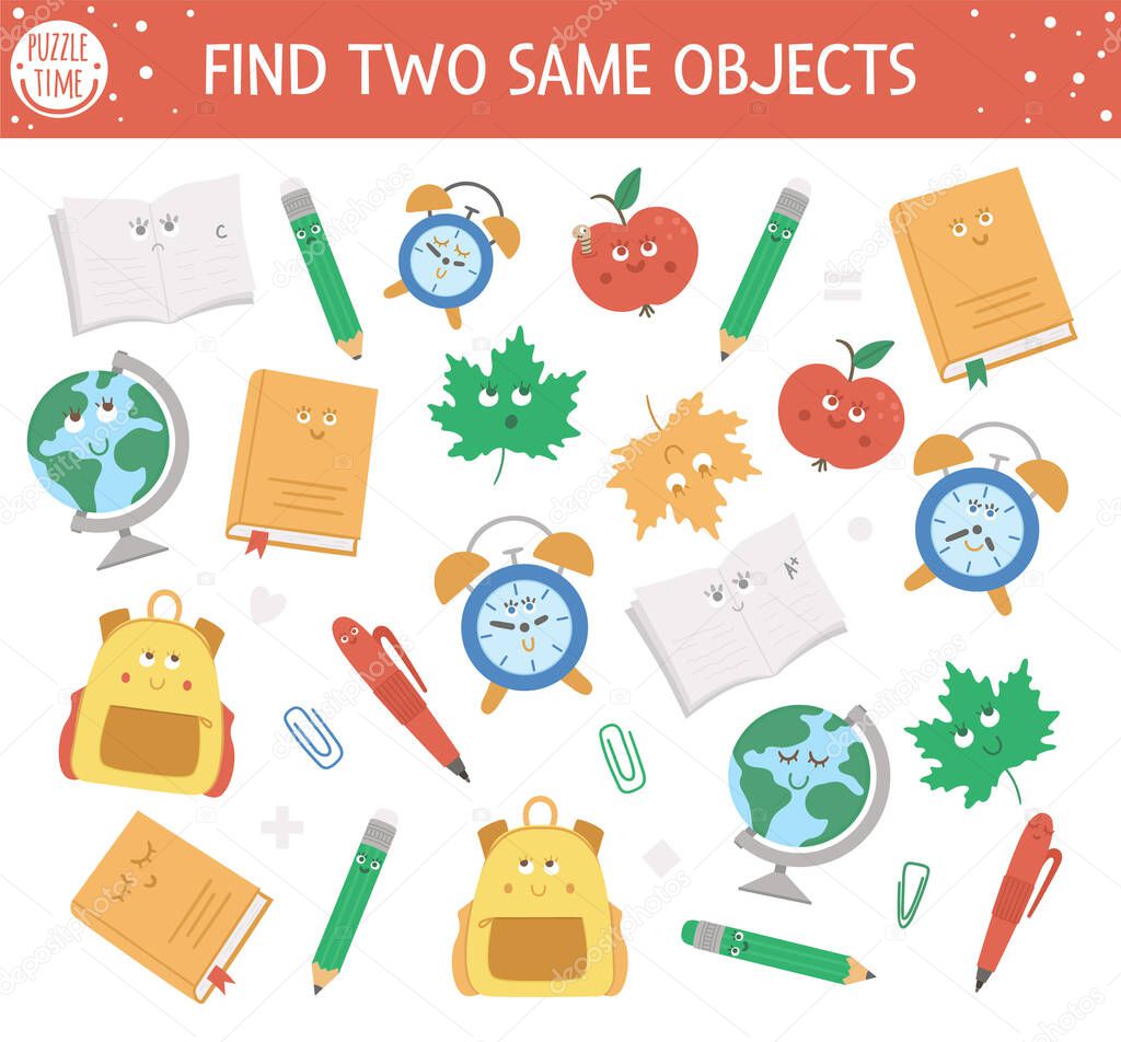 Find two same kawaii school objects. Back to school matching activity for children. Funny educational activity for kids. Autumn logical quiz worksheet. Simple printable game for kid