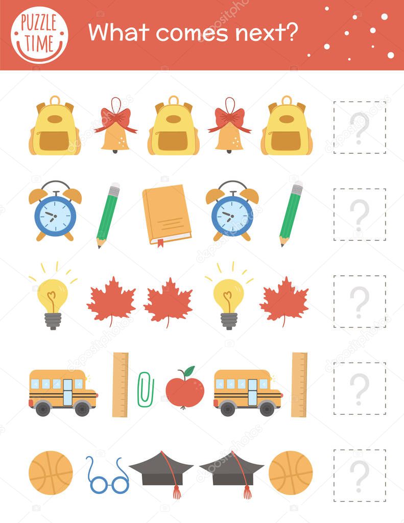 What comes next. Back to school matching activity for preschool children with classroom objects. Funny educational puzzle. Logical quiz worksheet. Continue the row. Simple autumn game for kid