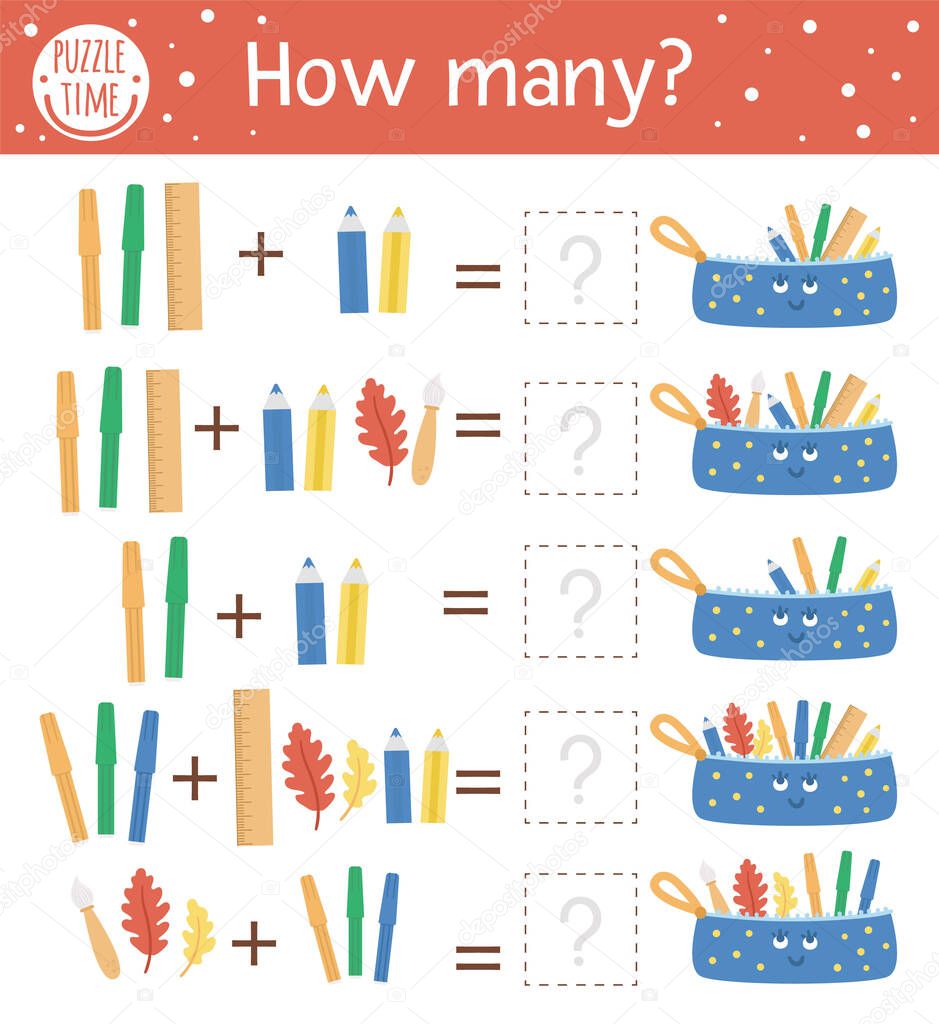 Counting game with stationery and pencil case. Back to school math activity for preschool children. Autumn math worksheet. Educational printable with cute funny elements for kid