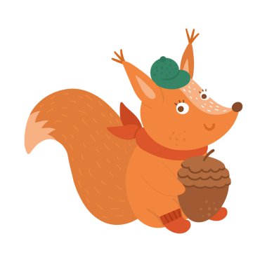 Kepi ve atkısı olan şirin bir sincap. Beyaz arkaplanda izole edilmiş vektör sonbahar karakteri. Sonbahar mevsimi orman hayvanları için baskı, çıkartma, kartpostal ikonu. Komik orman çizimi