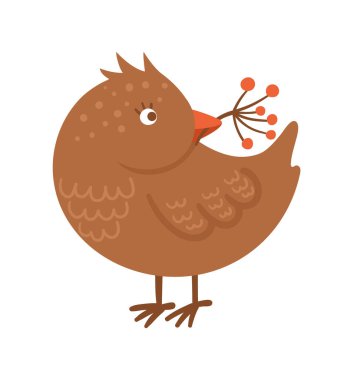 Gagasında böğürtlen dalı olan sevimli bir kuş. Beyaz arkaplanda izole edilmiş vektör sonbahar karakteri. Sonbahar mevsimi orman hayvanları için baskı, çıkartma, kartpostal ikonu. Komik orman çizimi