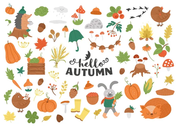 ベクトルの秋のクリップアートの大きなセット プリント ステッカー用のかわいい秋の季節のアイコンパック 森の動物 カボチャ キノコ 天気要素 鳥の面白いイラスト — ストックベクタ