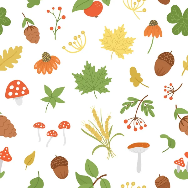Vektorový Hladký Vzor Roztomilými Podzimními Bylinkami Rostlinami Květinami Bobulemi Plochý — Stockový vektor