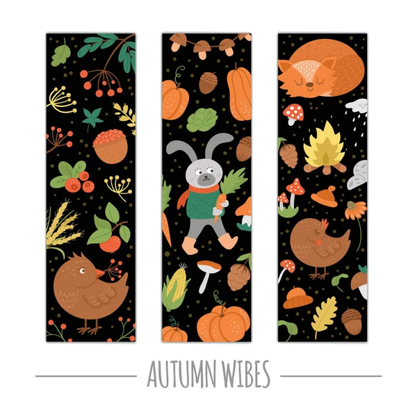 Vector Set Autumn Bookmarks Animals Plants Leaves Bell Pumpkins Isolated — Stock Vector