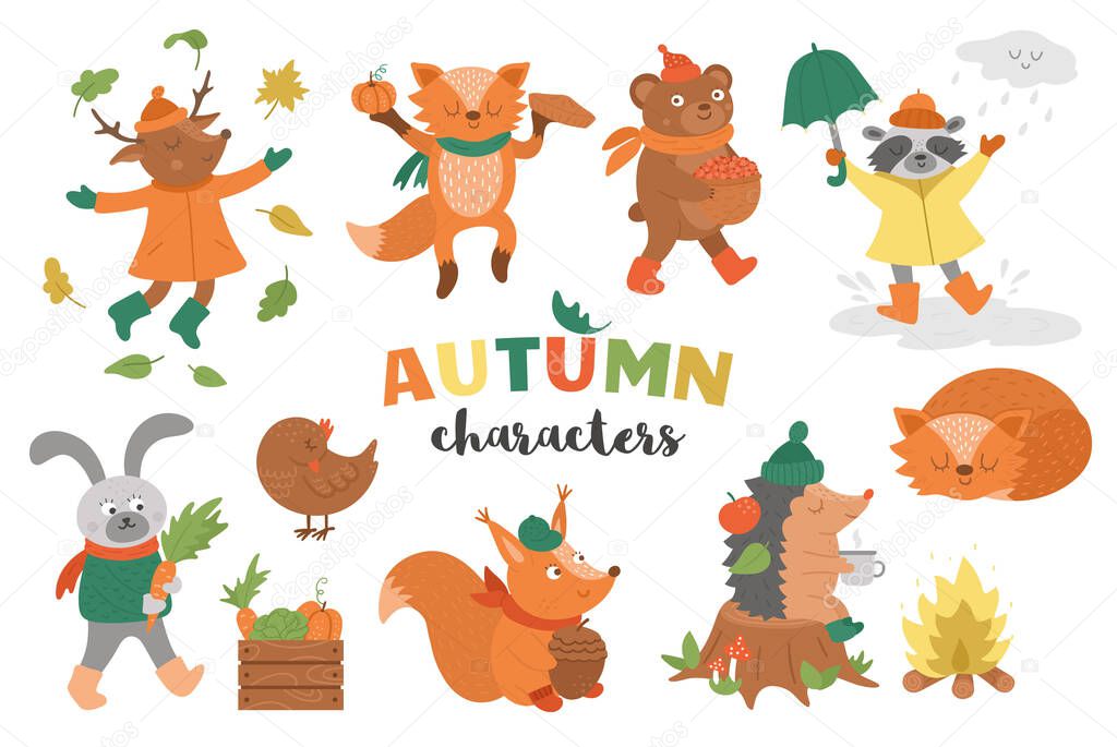Set of vector autumn characters. Cute woodland animals collection. Fall season icons pack for prints, stickers.  Funny forest illustration of hedgehog, fox, bird, deer, rabbit, bear, raccoon, squirrel.
