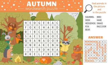 Vector fall season wordsearch puzzle for kids. Simple crossword with autumn scene and hiding forest animals for children. Educational keyword activity with cute funny woodland animal clipart