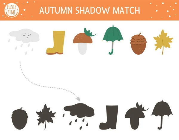 Autumn Shadow Matching Activity Children Fall Season Puzzle Cute Objects — Stock Vector