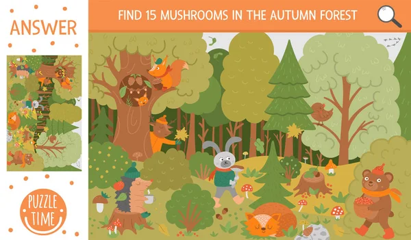 Vector Otoño Juego Búsqueda Con Animales Del Bosque Lindo Encuentra — Vector de stock