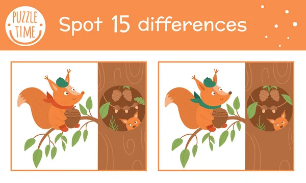 秋天为孩子们寻找不同的游戏 秋天的教育活动 松鼠坐在树洞附近 带有滑稽的微笑动物的可打印工作表 可爱的森林苔藓 — 图库矢量图片