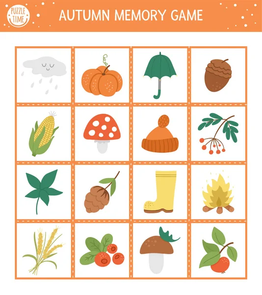 Autumn Memory Game Cards Cute Fall Season Objects Matching Activity — Stock Vector