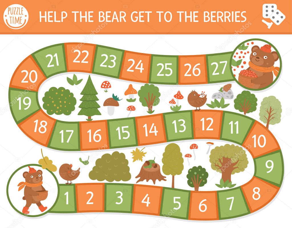 Autumn board game for children with cute woodland animal. Educational boardgame with teddy. Help the bear get to the berries activity. Fall season or thanksgiving printable worksheet