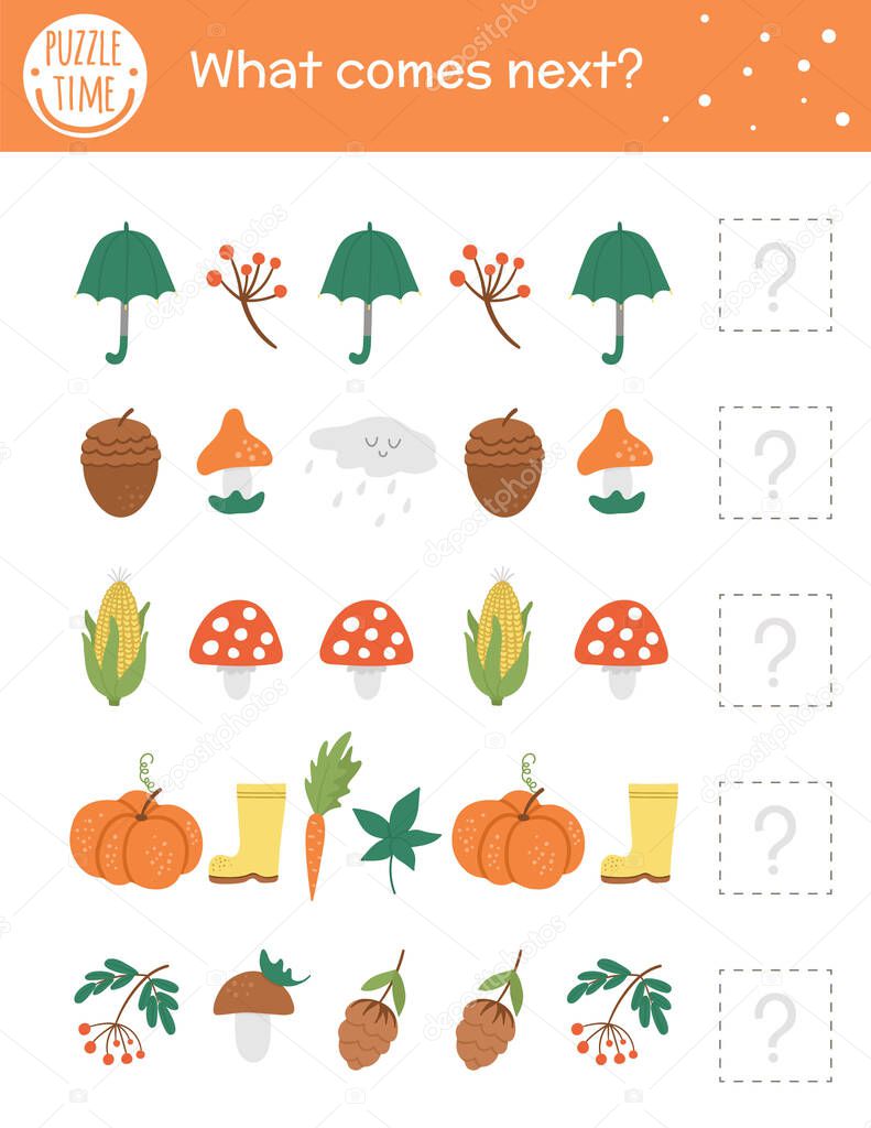 What comes next. Autumn matching activity for preschool children with fall season objects. Funny educational puzzle. Logical quiz worksheet. Continue the row. Simple forest game for kid
