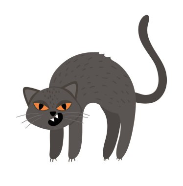 Kemerli omurgalı ve turuncu gözlü sevimli kara kedi. Cadılar Bayramı karakter ikonu. Tüm azizlerin korkunç hayvanlarla çizdiği komik sonbahar arifesi. Samhain çocuklar için imza tasarımı.
