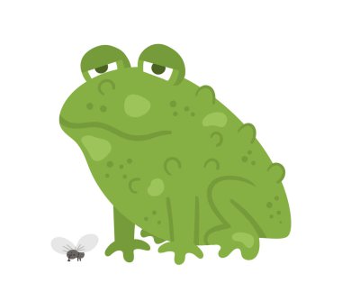 Cute vector sitting green toad with fly. Halloween character icon. Autumn all saints eve illustration with scary animal. Samhain party sign design for kids. vector Cute vector sitting green toad with fly. Halloween character icon. Autumn all saints eve illustration with scary animal. Samhain party sign design for kids. vector