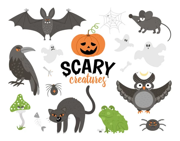 Conjunto Criaturas Miedo Vectorial Halloween Personajes Colección Iconos Lindo Otoño — Vector de stock