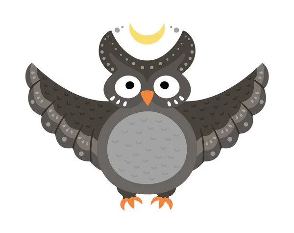 有展开的翅膀和半月亮的可爱的矢量猫头鹰 万圣节人物形象 有趣的秋天 所有的圣徒都在前夜用飞行的黑色动物作插图 Samhain Party Sign Kids 波希米亚或天体的设计 — 图库矢量图片