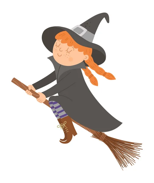 Cute Vector Witch Broom Halloween Character Icon Funny Autumn All — Stock Vector