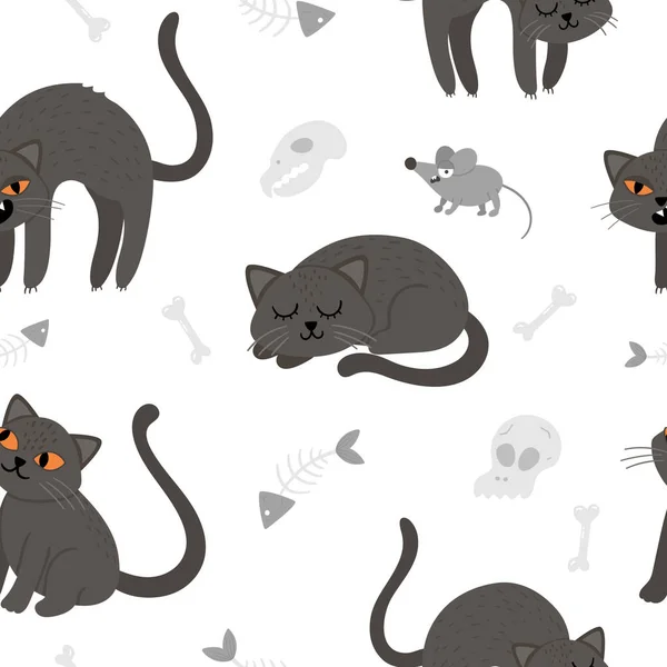 Seamless Pattern Cute Vector Black Cats Mouse Digital Paper Halloween — Stock Vector