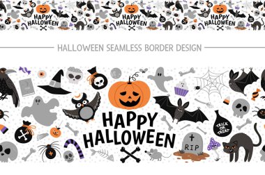 Cadılar Bayramı öğeleriyle kusursuz sınır fırçası. Geleneksel Samhain partisi yatay arka planı. Balkabağı feneri, örümcek, hayalet, kafatası, yarasa, cadı, vampir desenli korkunç desen..